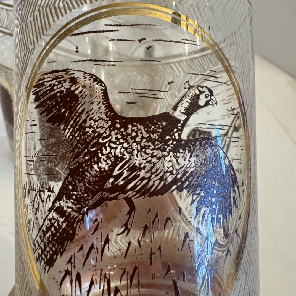3 VTG 1970s MCM Libbey Highball Pheasant Glasses Game birds Brown Gold